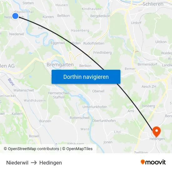 Niederwil to Hedingen map