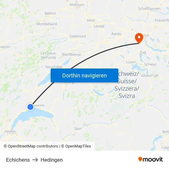 Echichens to Hedingen map