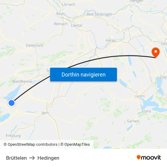 Brüttelen to Hedingen map