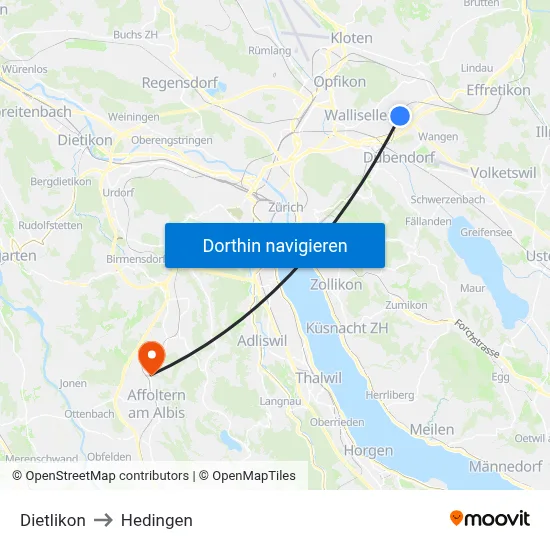Dietlikon to Hedingen map