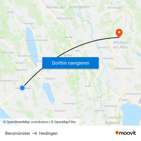 Beromünster to Hedingen map