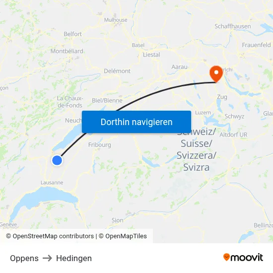 Oppens to Hedingen map