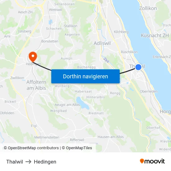 Thalwil to Hedingen map