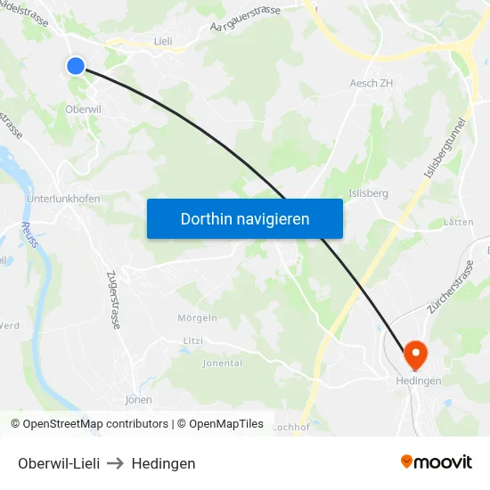 Oberwil-Lieli to Hedingen map