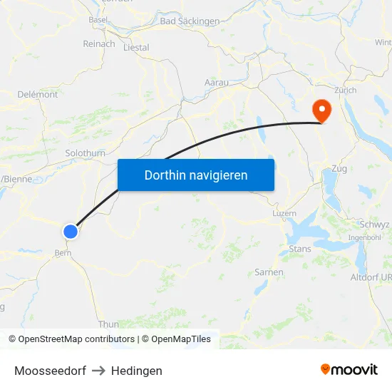 Moosseedorf to Hedingen map
