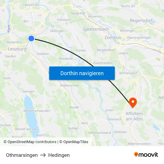 Othmarsingen to Hedingen map