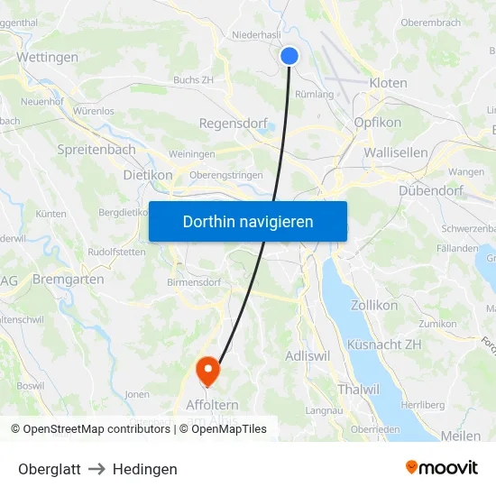 Oberglatt to Hedingen map