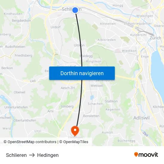 Schlieren to Hedingen map