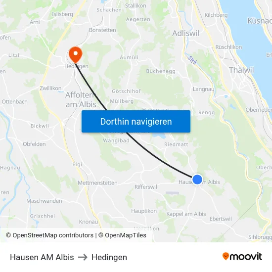 Hausen AM Albis to Hedingen map