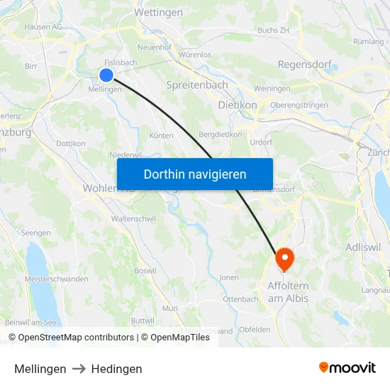 Mellingen to Hedingen map