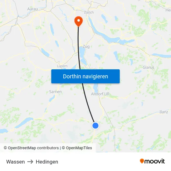 Wassen to Hedingen map