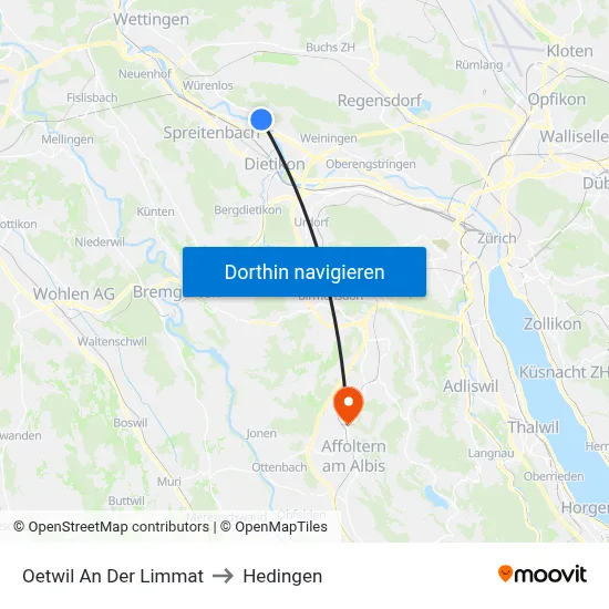 Oetwil An Der Limmat to Hedingen map
