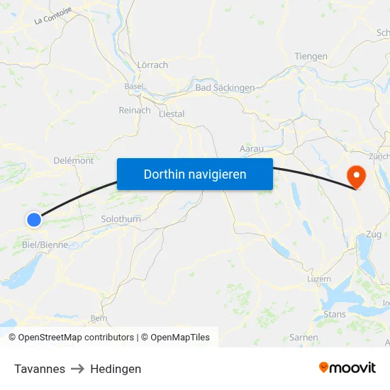 Tavannes to Hedingen map