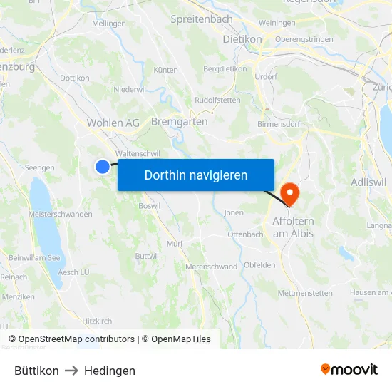 Büttikon to Hedingen map