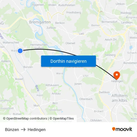 Bünzen to Hedingen map