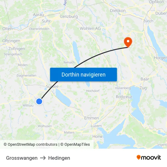 Grosswangen to Hedingen map