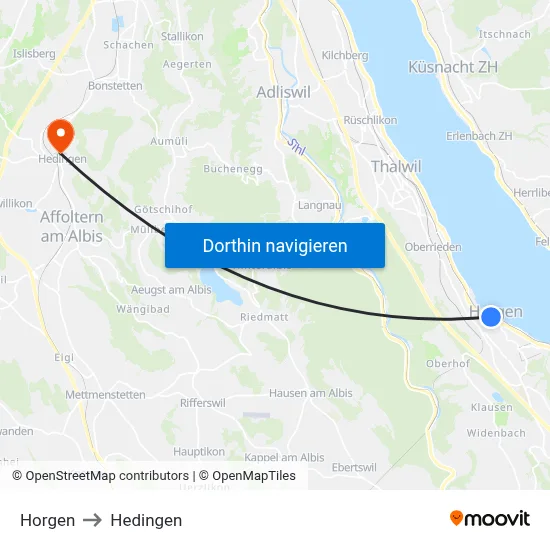 Horgen to Hedingen map