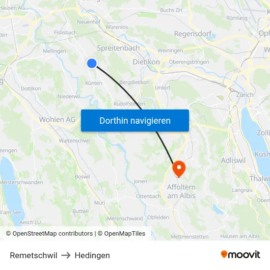 Remetschwil to Hedingen map