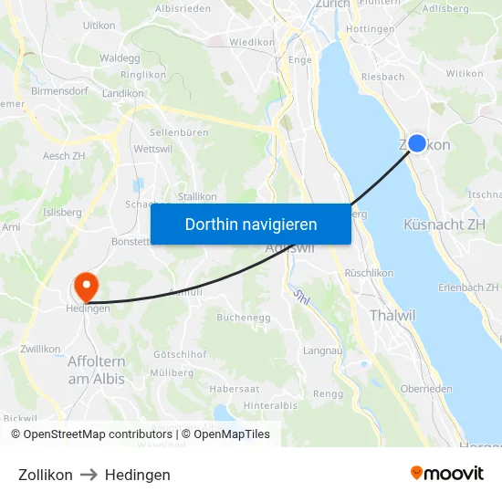 Zollikon to Hedingen map