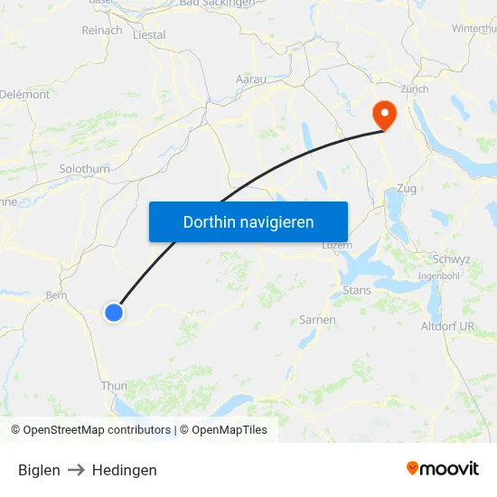 Biglen to Hedingen map