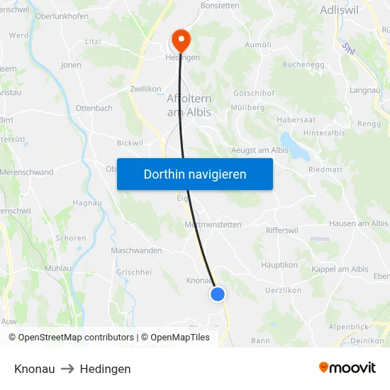 Knonau to Hedingen map