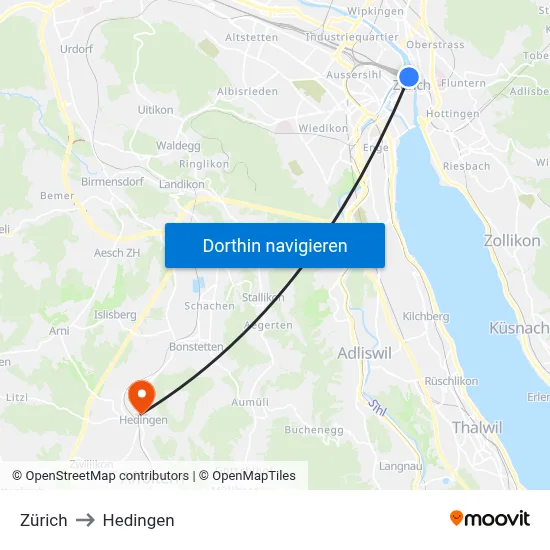 Zürich to Hedingen map