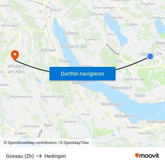 Gossau (Zh) to Hedingen map