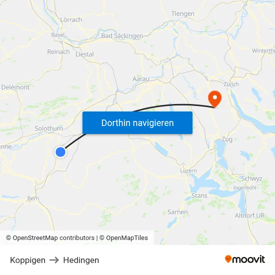 Koppigen to Hedingen map