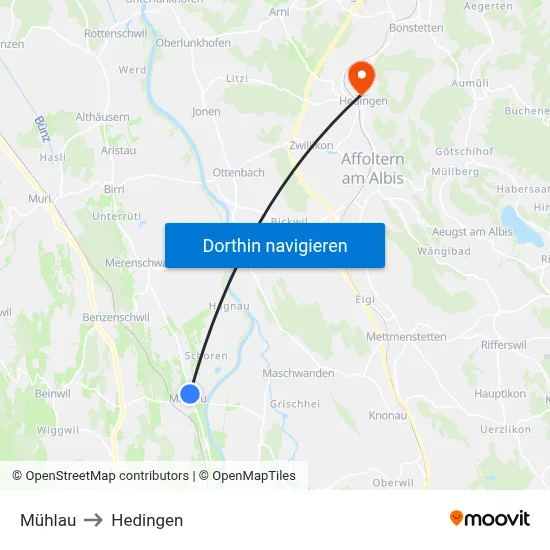 Mühlau to Hedingen map