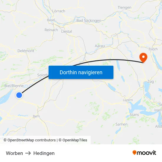 Worben to Hedingen map