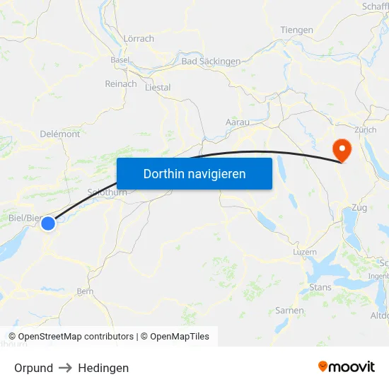 Orpund to Hedingen map
