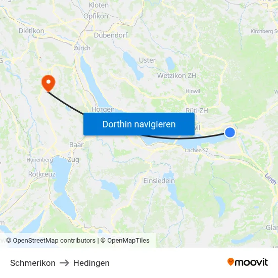 Schmerikon to Hedingen map