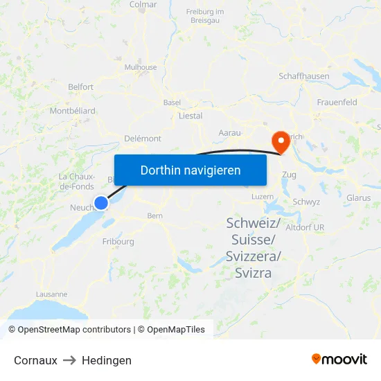 Cornaux to Hedingen map