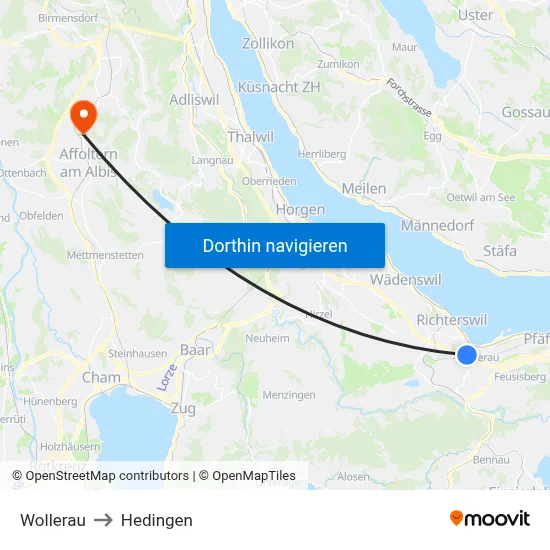 Wollerau to Hedingen map