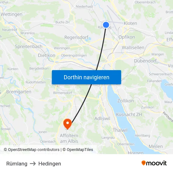 Rümlang to Hedingen map