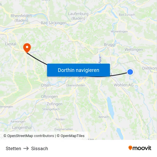 Stetten to Sissach map