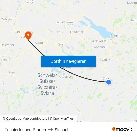 Tschiertschen-Praden to Sissach map