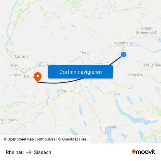 Rheinau to Sissach map