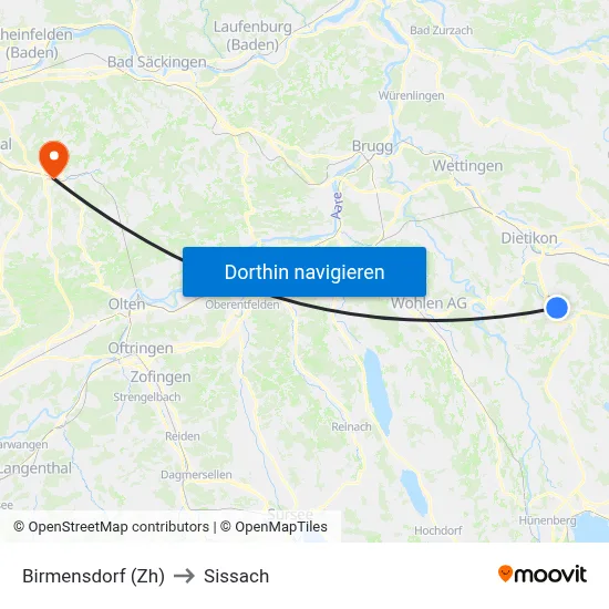 Birmensdorf (Zh) to Sissach map
