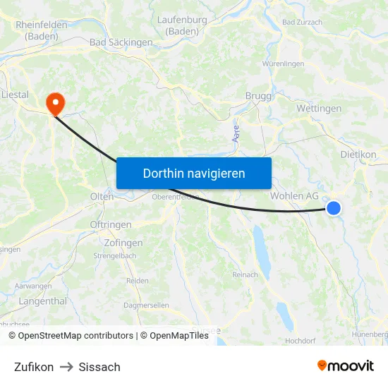Zufikon to Sissach map