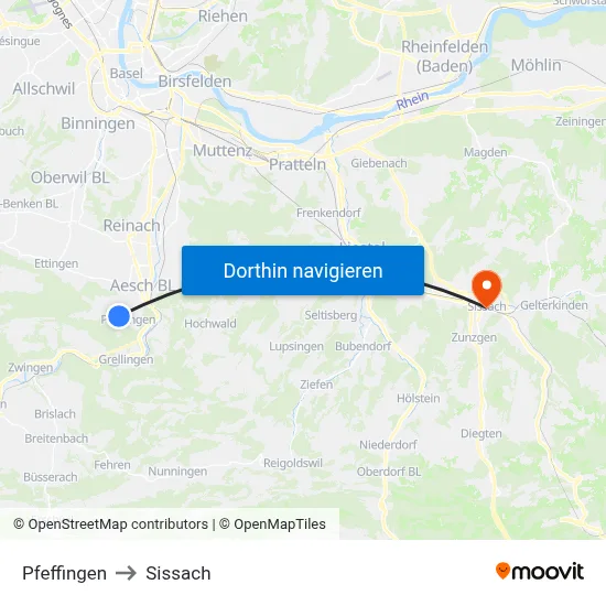 Pfeffingen to Sissach map