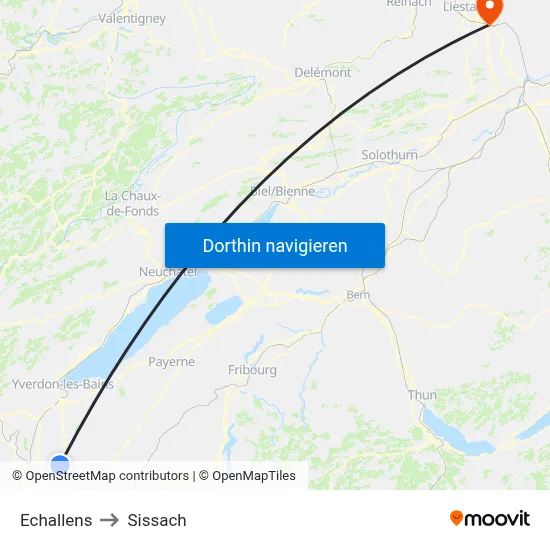 Echallens to Sissach map