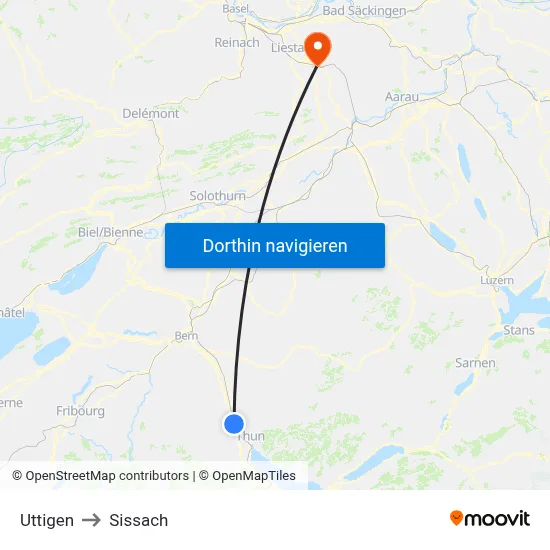 Uttigen to Sissach map