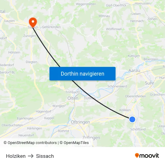 Holziken to Sissach map