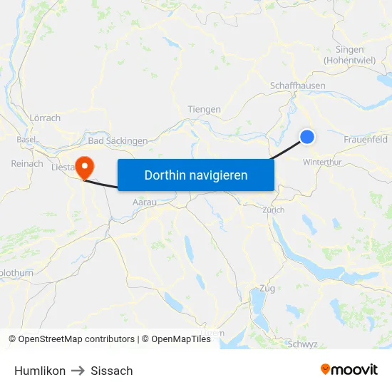 Humlikon to Sissach map