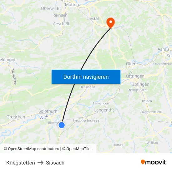 Kriegstetten to Sissach map