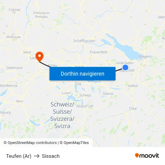 Teufen (Ar) to Sissach map