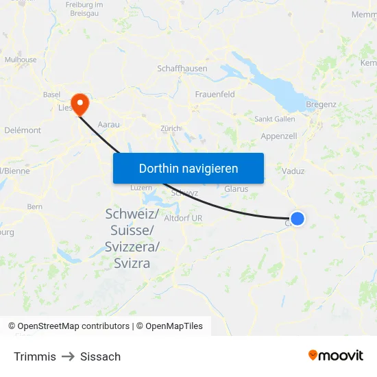 Trimmis to Sissach map