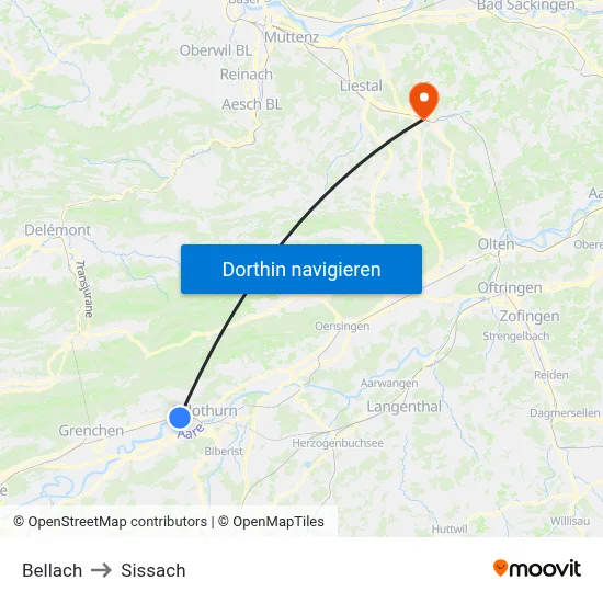 Bellach to Sissach map