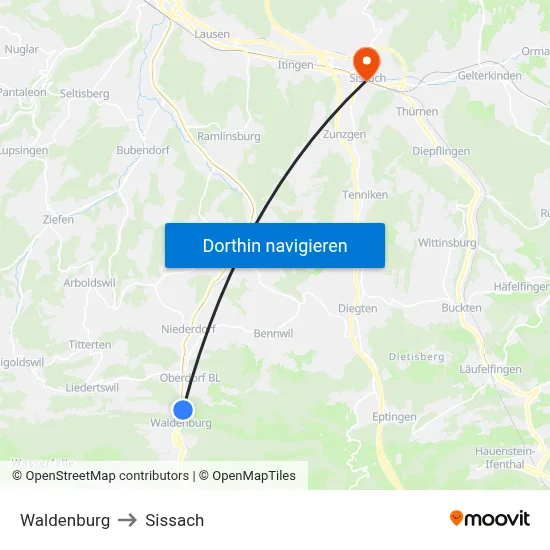 Waldenburg to Sissach map